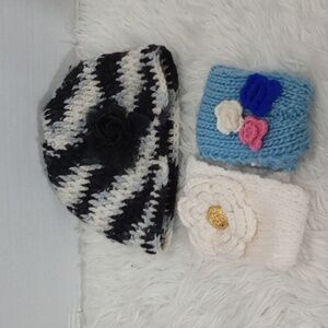 Winter girl bundle black/white hat and blue white  headbands